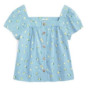 J. Crew Lemon Stripes Puff-Sleeve Blouse cotton poplin XS